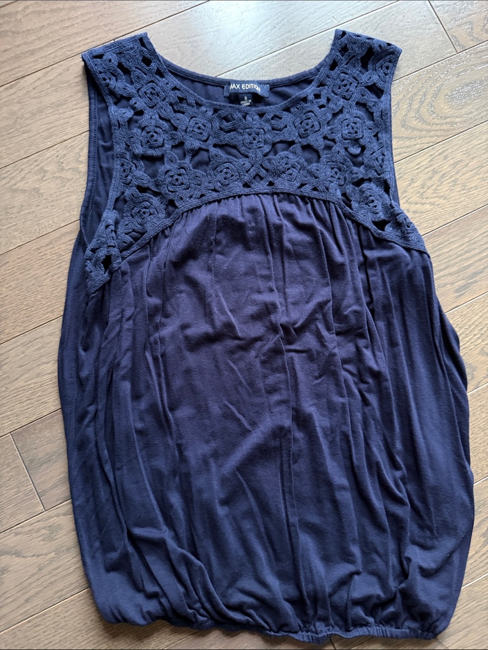 Max Edition Navy Floral Crochet Yoke Sleeveless Top